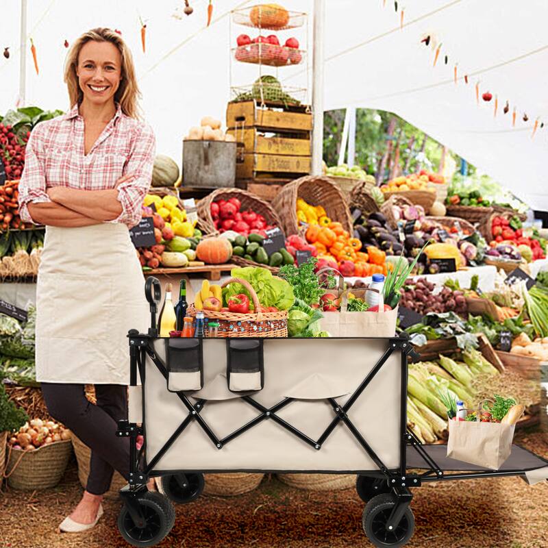 Foldable Wagon with Extended Tailgate & Extra Long Design - 480lb Heavy-Duty Beach Cart, Khaki & Gray