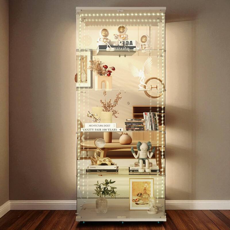 76" Tall Tempered Glass Display Cabinet with Mirror Back, Bluetooth LED Light Strip, Lockable Doors and Casters - White