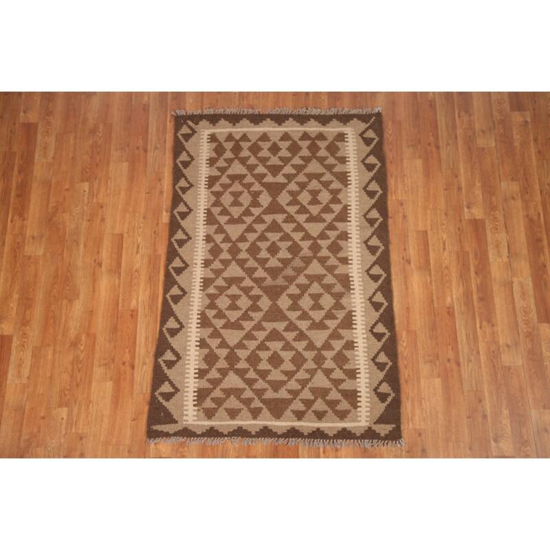 Brown Kilim Oriental Area Rug Flat-weave Wool Foyer Carpet - 3'2" x 4'9"