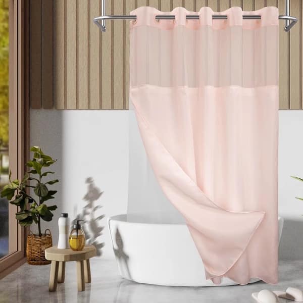 Wyljljy No-Hook Boho Shower Curtain - Chevron Herringbone Pattern, Includes Snap-in Liner, 71x74 Inches, Black