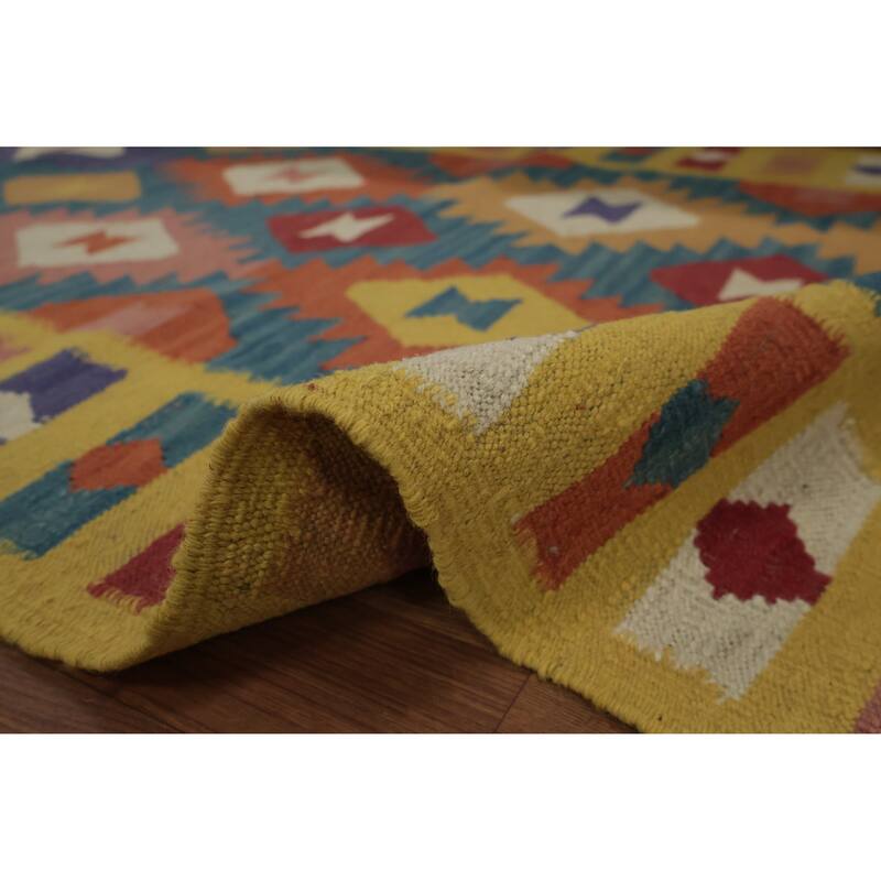 Hand Woven Oriental 100% Wool Carpet Southwestern Geometric Navy Blue & Blues Kilim Runner Rug - 12' 9'' X 3' 6''