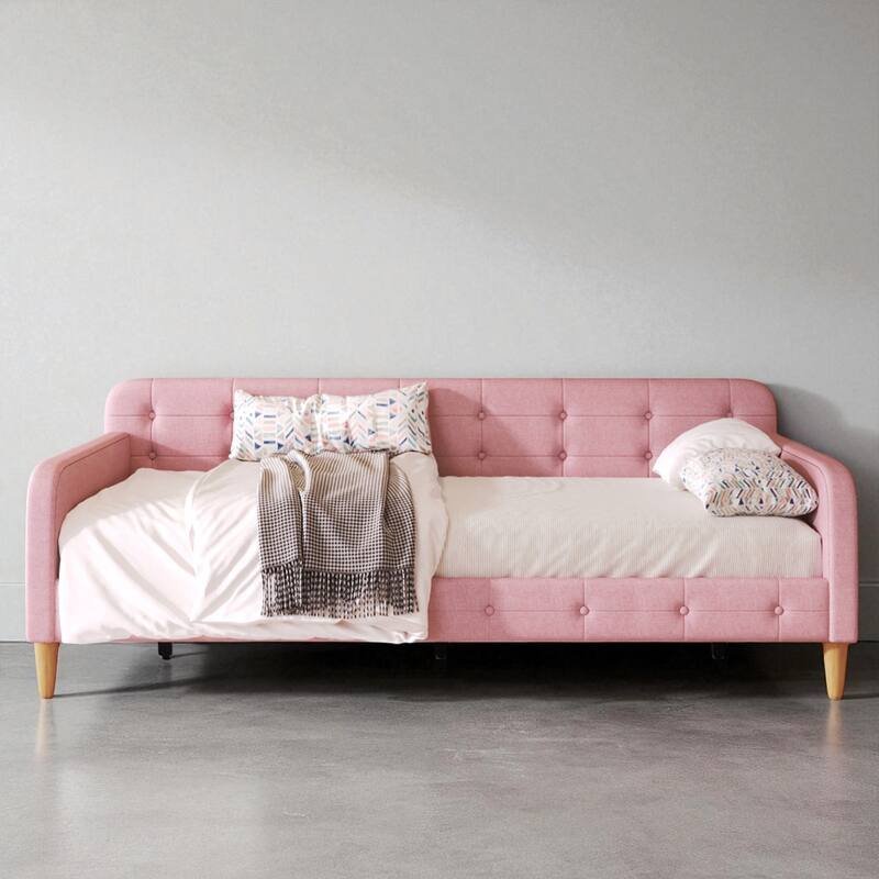 Twin Size Upholstered Daybed with Linen Fabric, Solid Wood Frame, No Box Spring Needed, 400 lb Capacity