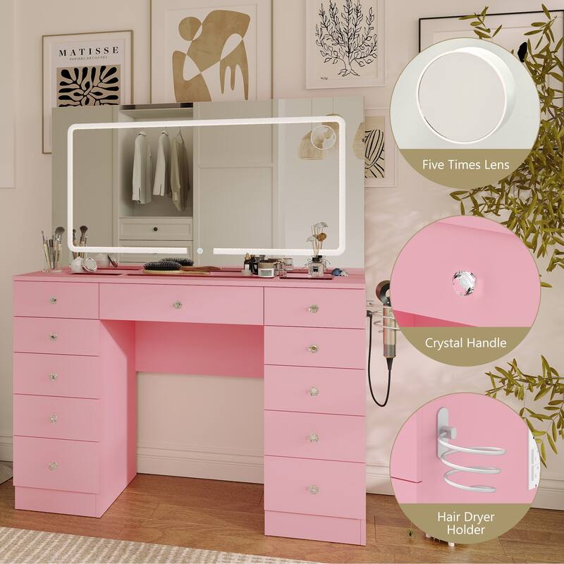 Makeup Desk with Large Mirror & 11-drawer