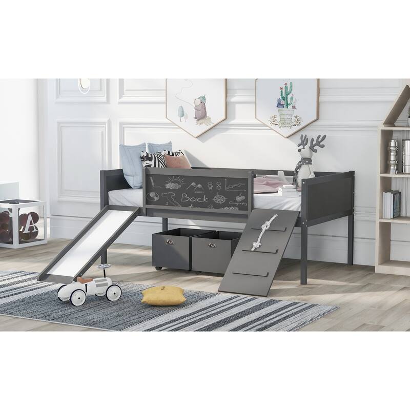 Twin Size Loft Bed with Storage Boxes and Climbing Frame - Gray