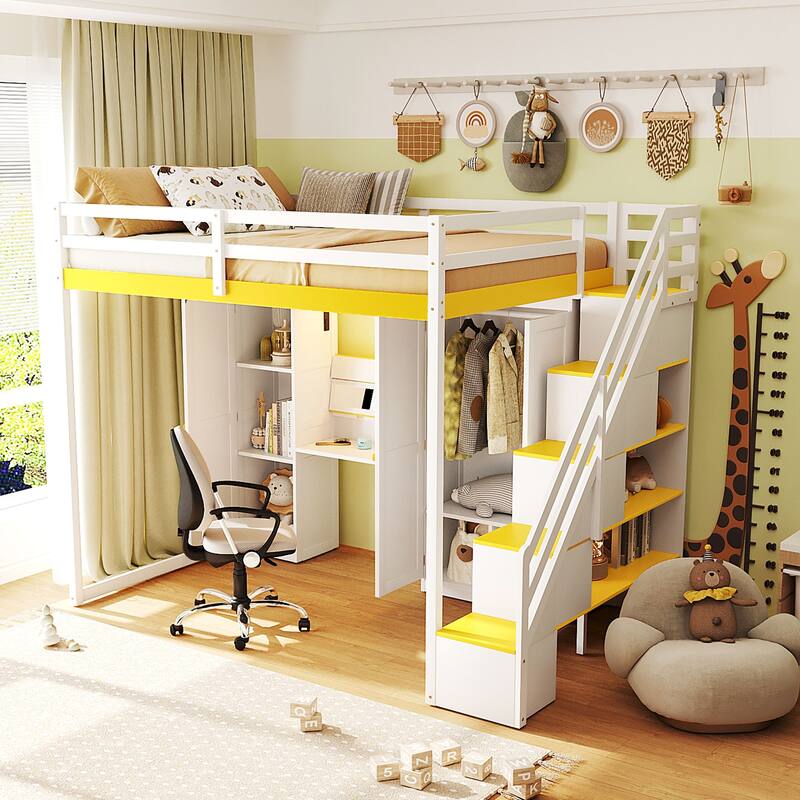 Full Size Loft Bed with Storage Staircase, Built-In Dressing Table, USB Ports & Lights by Harper&Bright Designs