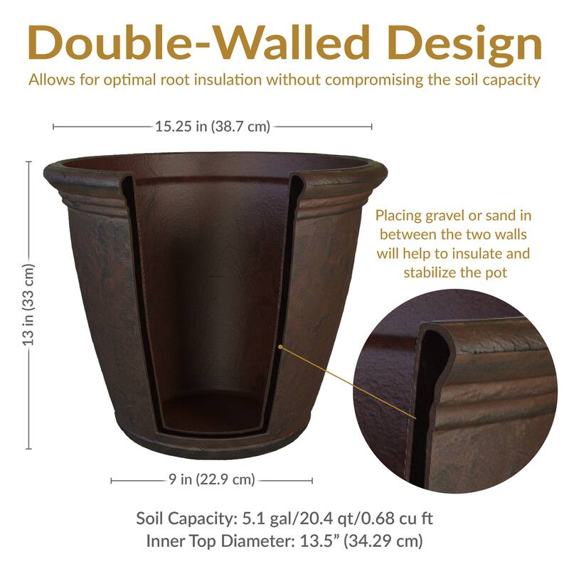 Sunnydaze Anjelica Outdoor Double-Walled Flower Pot Planter - Rust - 16"- Single - 1