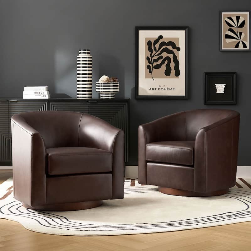 Althea Modern Genuine Leather Swivel Barrel Chair with Solid Wood Base Set of 2 By HULALA HOME - Brown