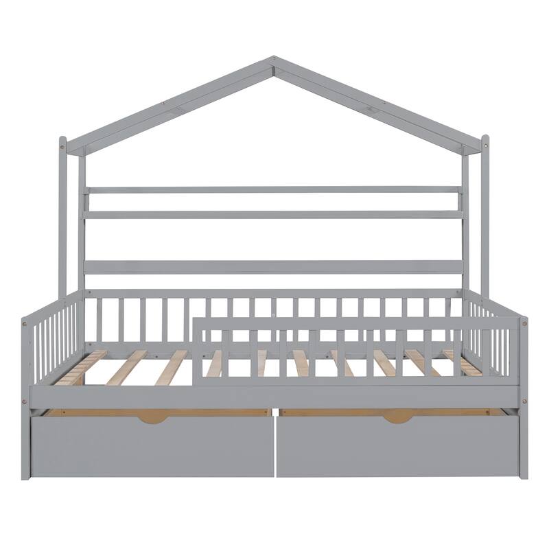 Wood House-shaped Platform Bed with Drawers and Shelf