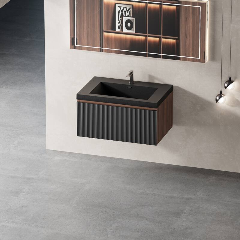 GDFStudio - Parker 30-Inch Floating Bathroom Vanity with Quartz Sand Basin and Fluted Storage Drawer