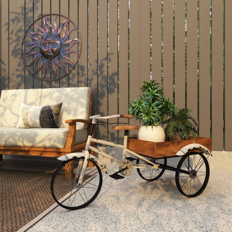 White Metal Indoor Outdoor Vintage Bike Indoor Outdoor Plantstand with Brown Wood Accents