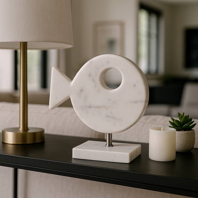 Stylish Marble Fish Figurine Sculpture - 10", White - 9.5"