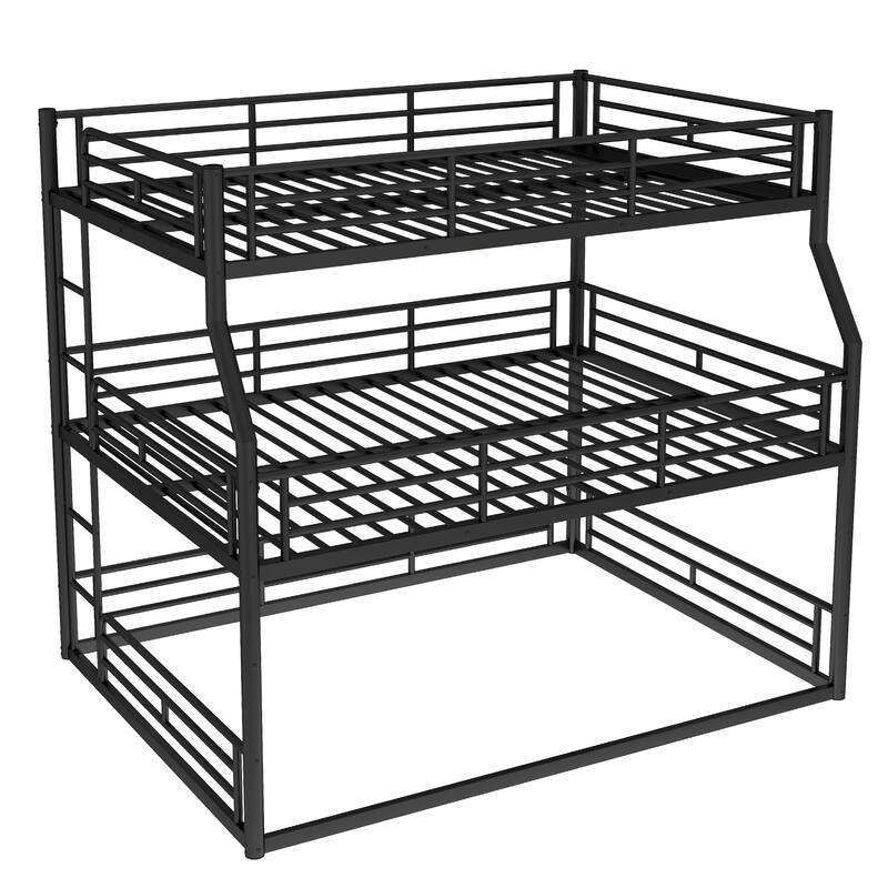 Full XL over Queen over Queen Bunk Bed, Metal Triple Bunk Bed with Safety Guardrails, Bunk Bed with Noise-reduced Design