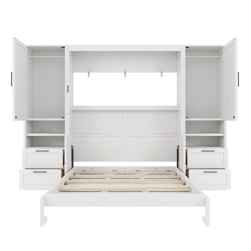 Queen Size Wall Bed with Closet, Drawers, and Shelves in White