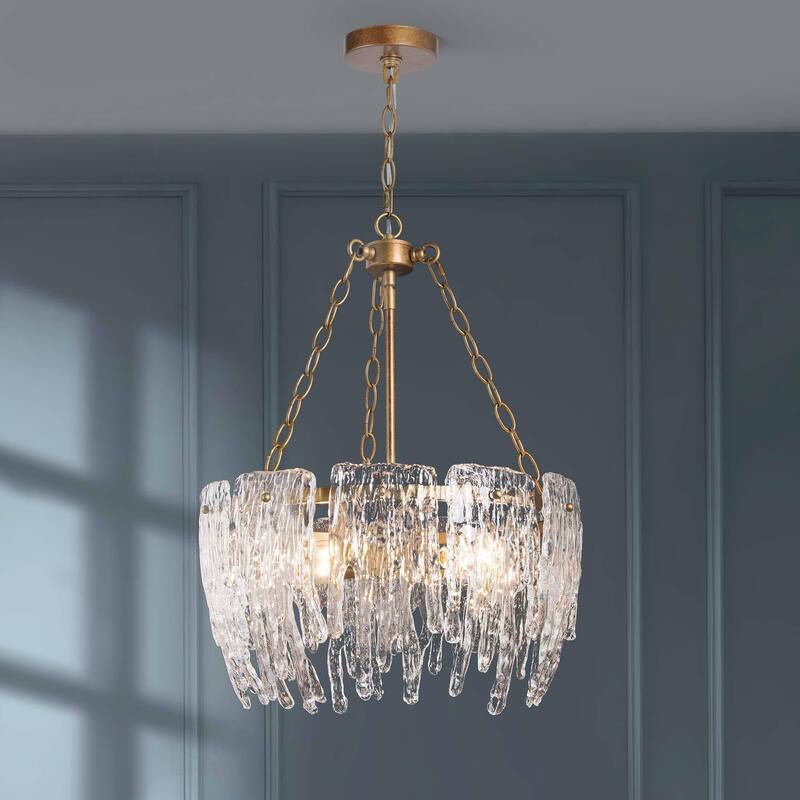Modern 4-Light Gold Drum Textured Glass Chandelier for Dining Room