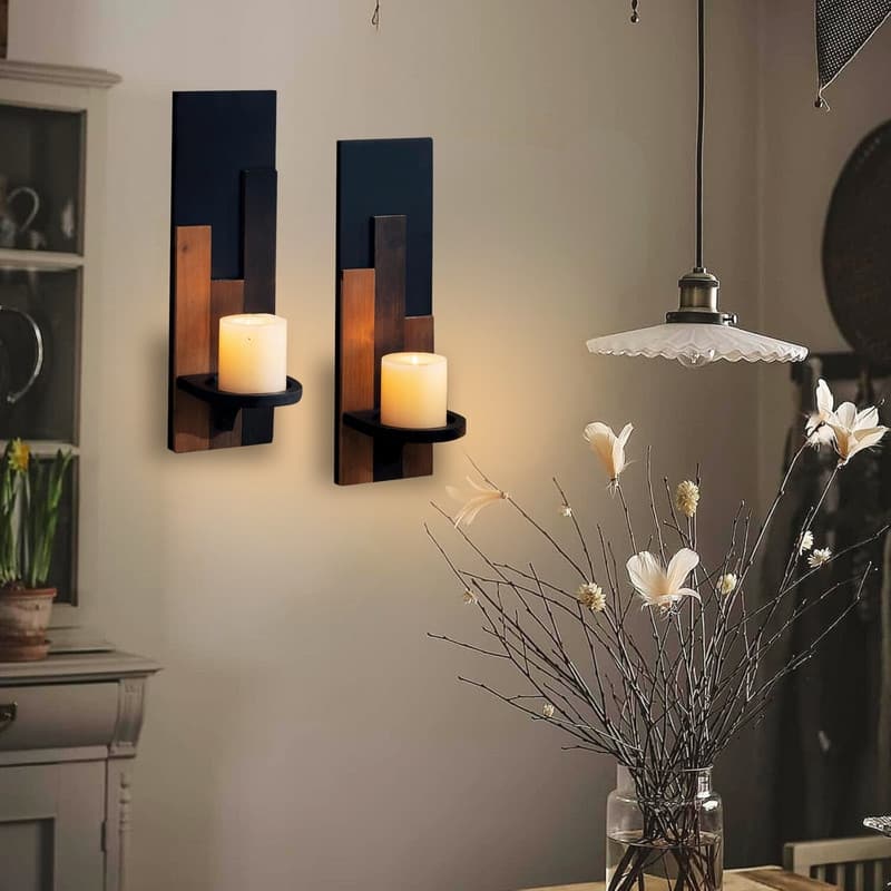 2 Pack wall sconces wooden/Black candle holders wood pillar candle