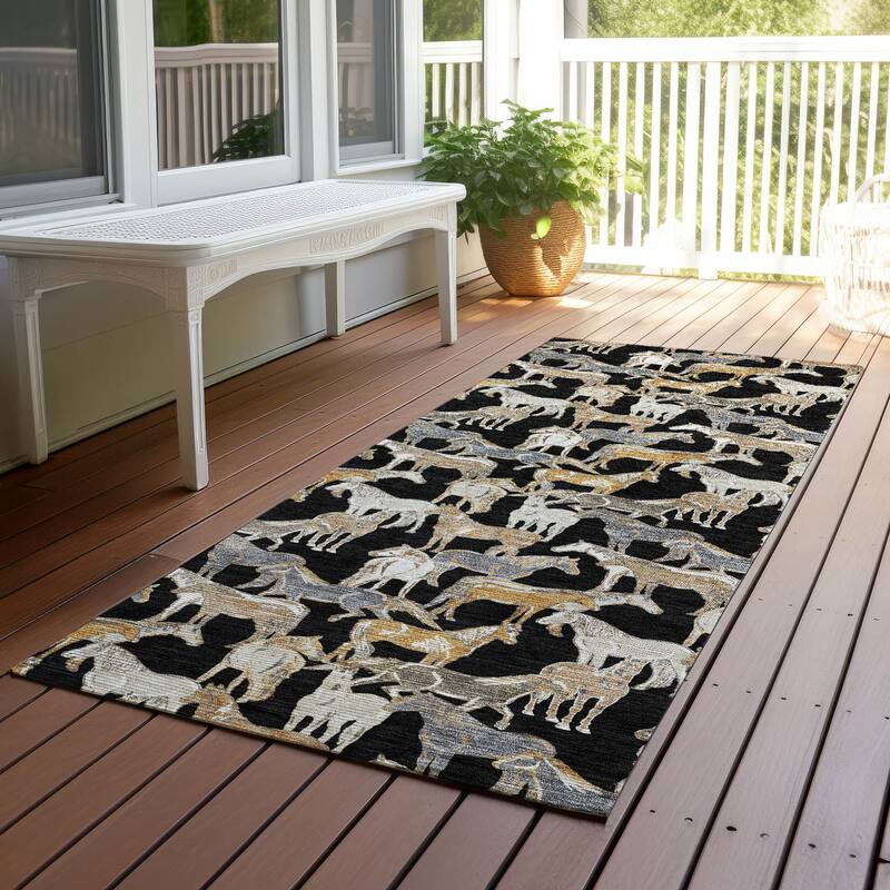 Machine Washable Indoor/ Outdoor Horse Herd Chantille Rug - Black - 2'3" x 7'6"