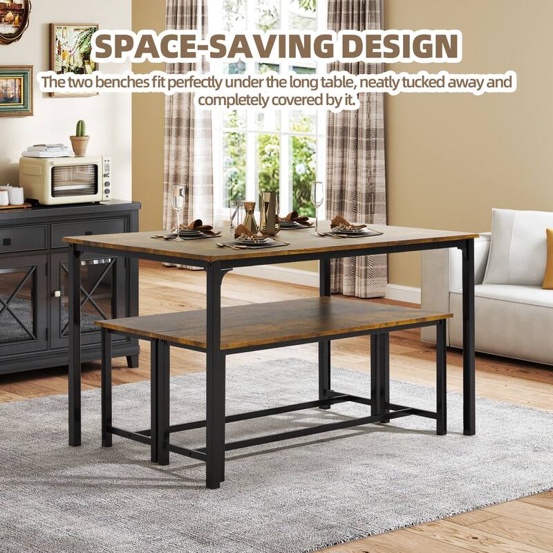 4-6 Person Dining Set with Faux Marble Top, PU Leather Benches and Storage Shelf