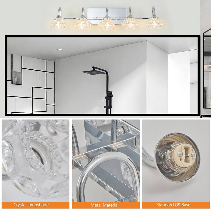 29" Nickel Finish Vintage Crystal Vanity Light - Elegant 5-Light Bathroom Mirror Fixture with Clear Glass Shades (No Bulbs)