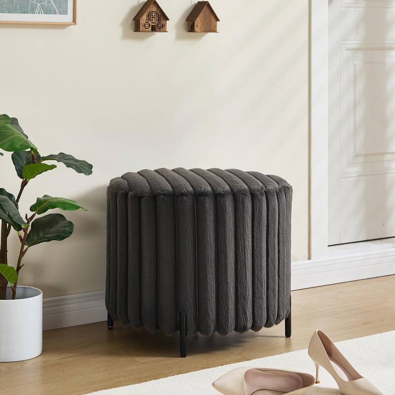 22.05" Wide Upholstered Round Pouf Ottoman Foot Rest with Black Metal Legs