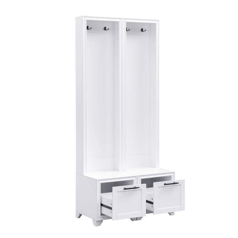 Freestanding Hall Tree with Storage Bench & Hooks, Set of 2 Entryway Coat Rack with Storage Drawers & Anti-Tip Kit