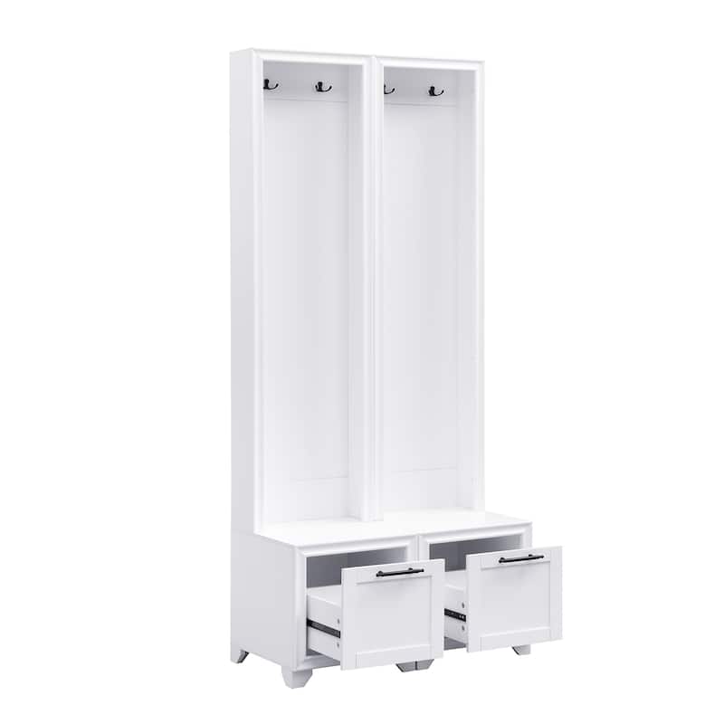 Roomfitters Elegant Hall Tree Set of 2, 3-in-1 Free Standing Entryway Coat Rack with Seating Bench and Hidden Storage