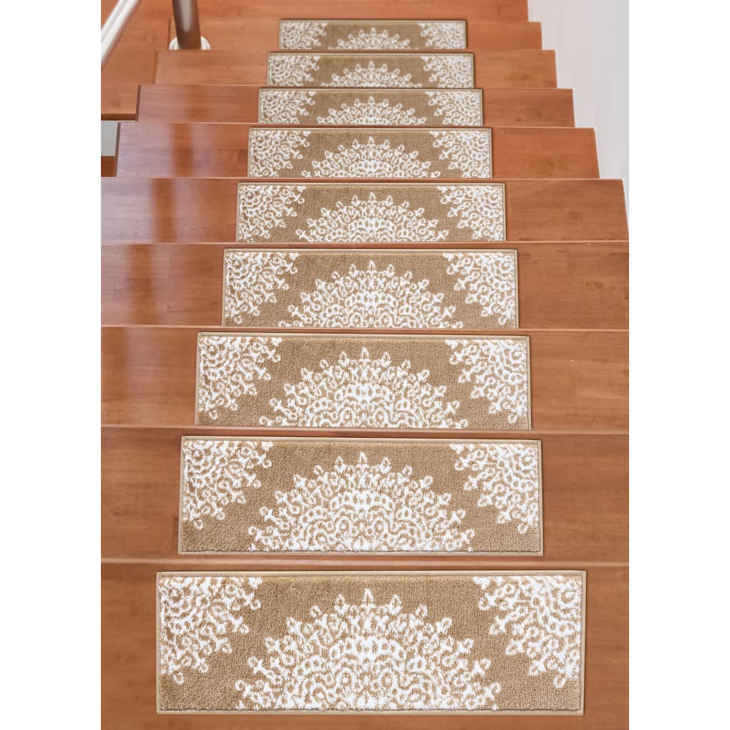 Beverly Rug Indoor Non Slip Carpet Stair Treads w/ Installed Tape 9"x28" Medallion Beige / Ivory