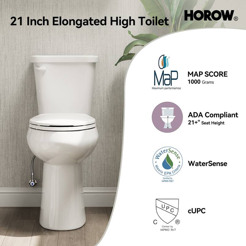 HOROW 21 Inch Extra Tall 2 Piece High Efficiency Single Flush Elongated Toilet White 1.28 GPF Strong Flush Seat Included