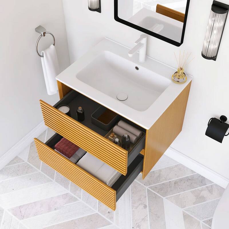 Wall-Mounted Bathroom Vanity with White Ceramic Sink