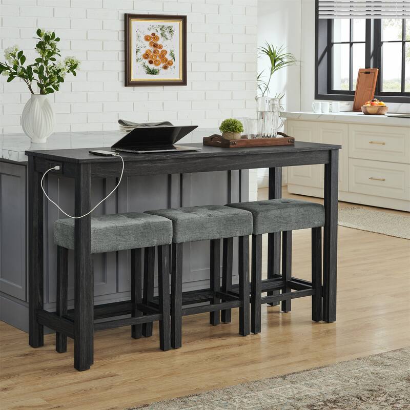 Bar Table, Dining Table, Sofa Table with Power Outlet, 3 Upholstered Stools, 4 Piece Bar Table and Chair Set