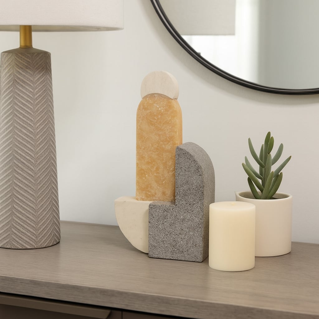 Marble and Stone Abstract Sculpture - Home Decor, Handcrafted Accent, 13", Multi-Color - 7" x 3" x 13"
