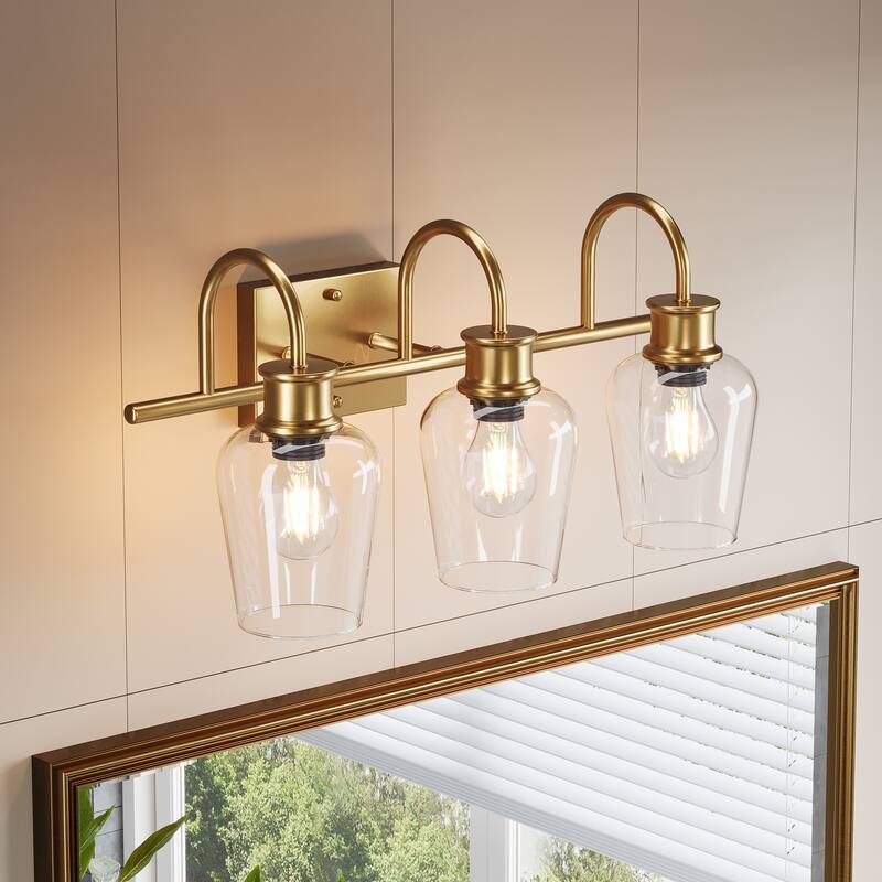 3-Light Golden Bathroom Vanity Light Fixtures, E26 Base - Gold Clear