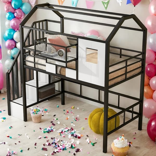 slide 2 of 14, Multi-functional Twin Size Loft Bed with Roof Design and A Storage Box Black