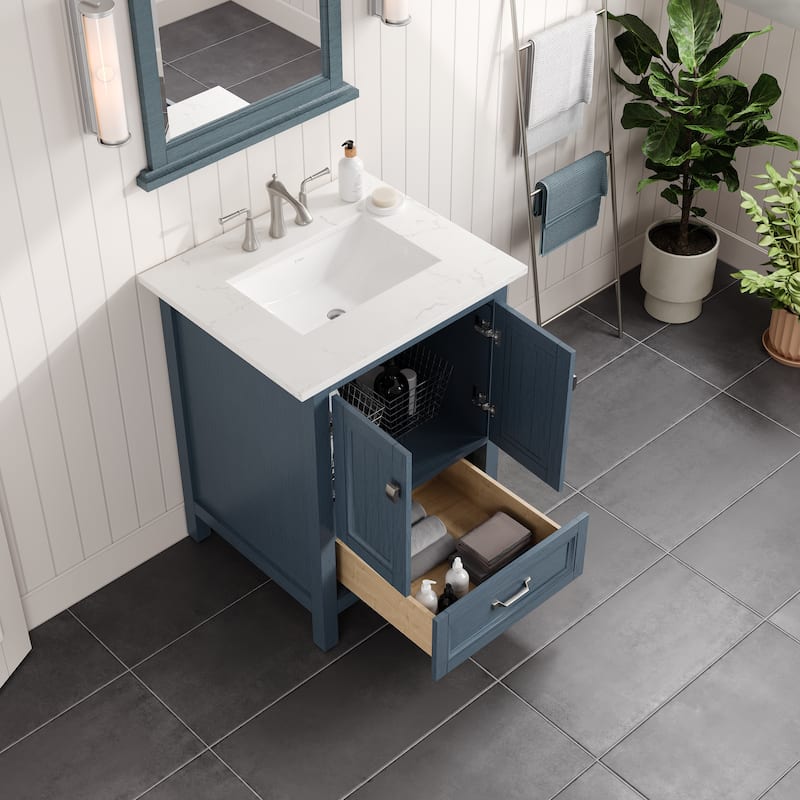 Britney 24 in. Ash Blue Single Sink Bath Vanity with Carrara Quartz Top and Undermount Porcelain Sink - 24"