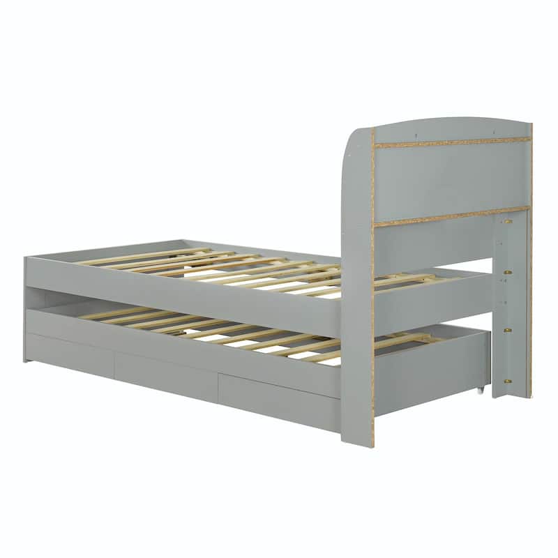 Twin XL Size Platform Bed with LED Headboard and Twin Trundle