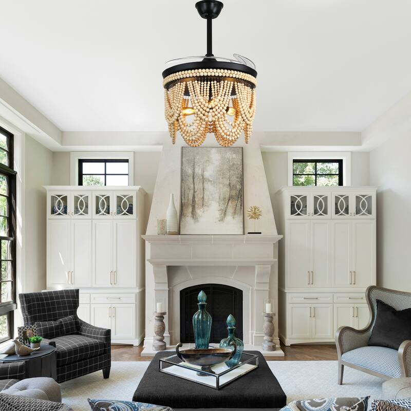 Cusp Barn 42 Inch Boho Retractable Ceiling Fan with Remote, Coastal 6 Speeds Fandelier, Farmhouse Caged Wood Beaded Ceiling Fan