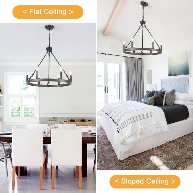 22.04 in. 6-Light Black Rustic Farmhouse Chandelier, Wagon Wheel Chandelier for Dining Room Living Room Bedroom Kitchen