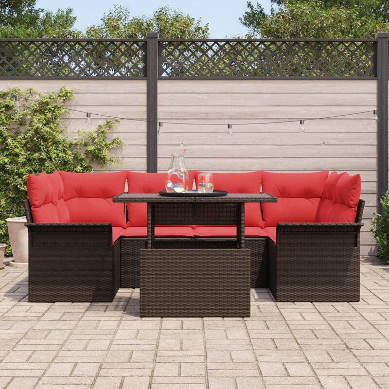 vidaXL 7 Garden Sofa Set with Cushions Black/Brown/Grey Poly Rattan - 92.1 x 52.2 x 27.2