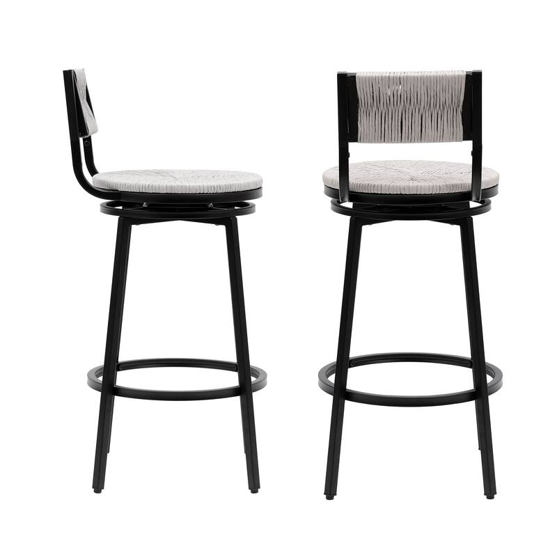 Modern Bar Stools Swivel Counter Chairs with Metal Frame Set of 2 Hand Woven Paper Rope Dining Barstools for Kitchen Counter