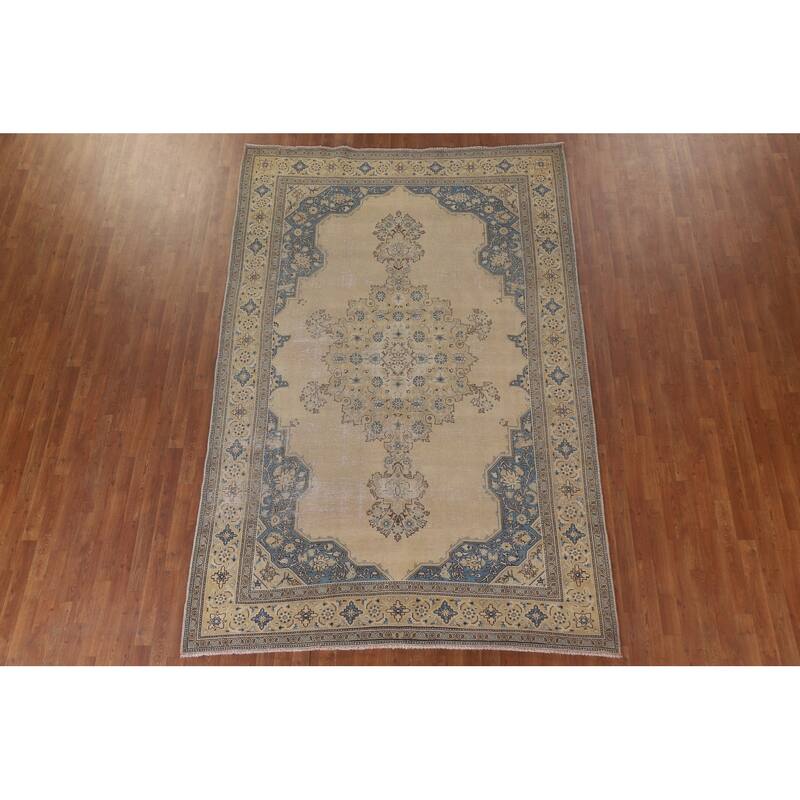 Hand Knotted Oriental 100% Wool Carpet Traditional Medallion Beige & Ivories Tabriz Area Rug - 10' 3'' X 6' 9''
