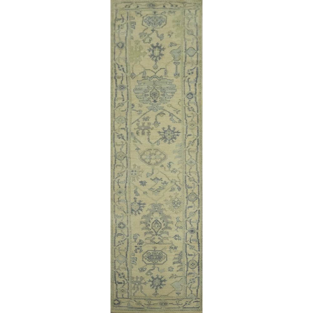 Vegetable Dye Floral Oushak Turkish Runner Rug, Floral Geometric Carpet - 12' 4'' X 2' 8''