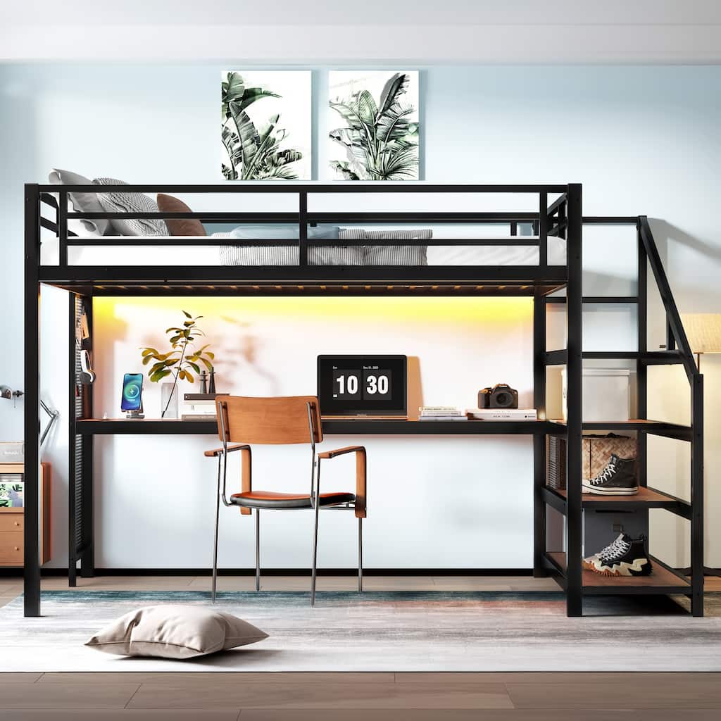 Queen Size Loft Bed Frame with Built-in Desk, Storage Stairs, LED Lights, Charging Station and Multifunctional Iron Nets
