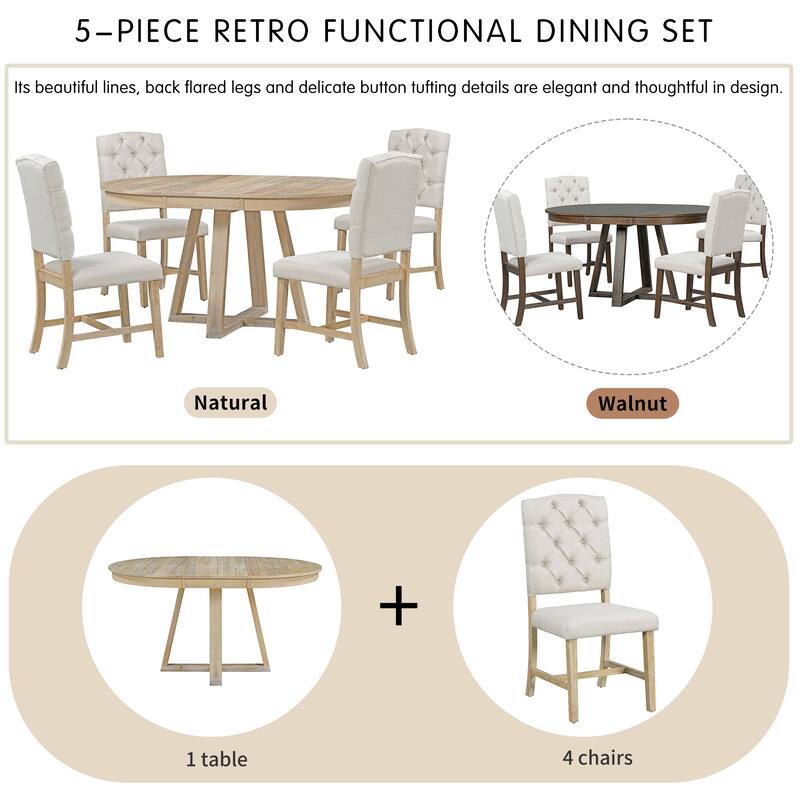 5-Piece Dining Table Set with 4 Upholstered Chairs, 16" Leaf Dining Table, Solid Wood & MDF, for Small Spaces and Dining Rooms