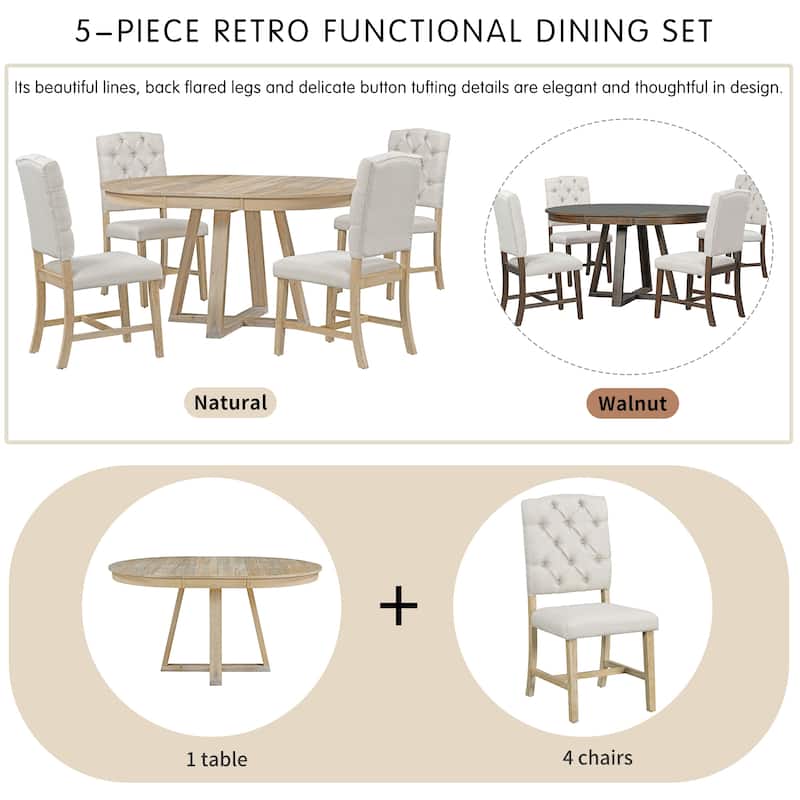 5-Piece Retro Extendable Round Dining Table Set, 42"-58" Wood Table with Leaf and 4 Upholstered Chairs for Dining Room