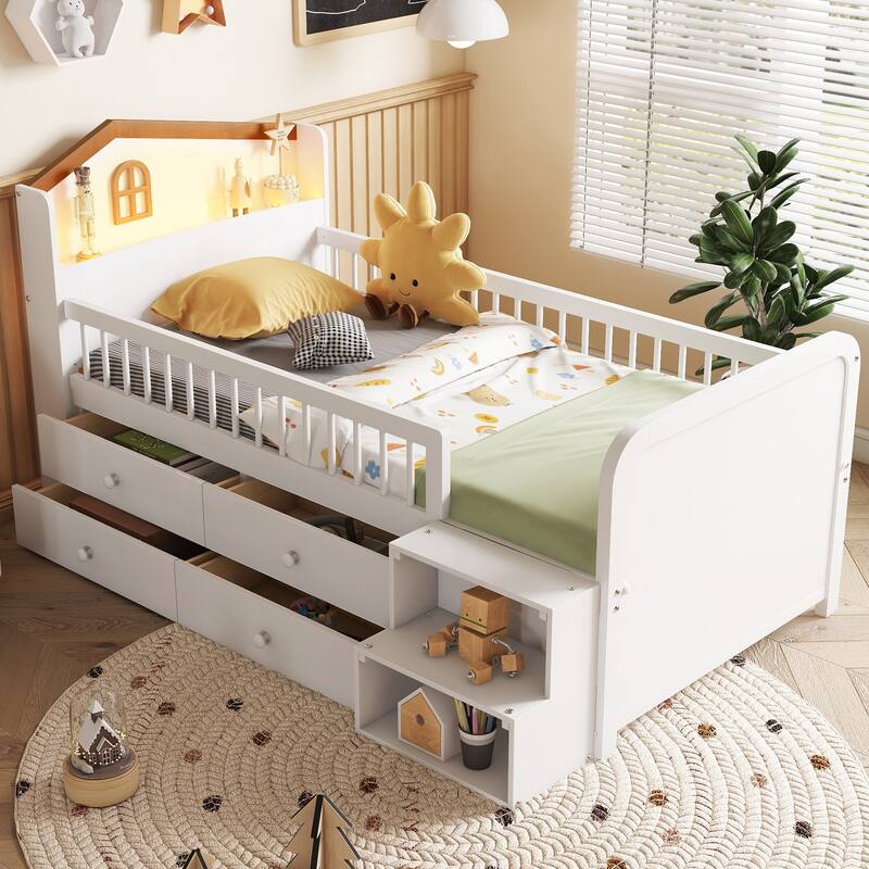 Twin Size Pine Wood Loft Bed with House-Shaped Headboard, LED Lighting and 4 Storage Drawers