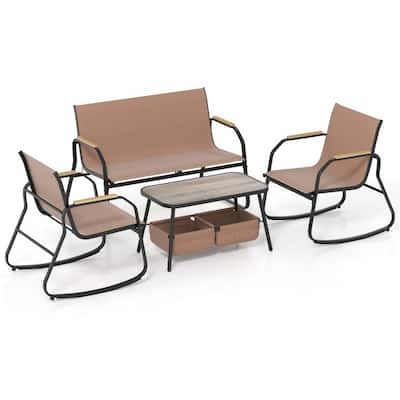 4 Piece Brown-Black Fabric Metal Outdoor Bistro Set with Loveseat and Rockers - Coffee Table: 31.5" x 18" x 16.5"