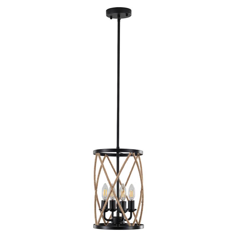 Rustic Rope - Wrapped 4 - Light E12 Pendant Chandelier, Adjustable Height with 3 Rods, Black Metal Frame - Matte Black