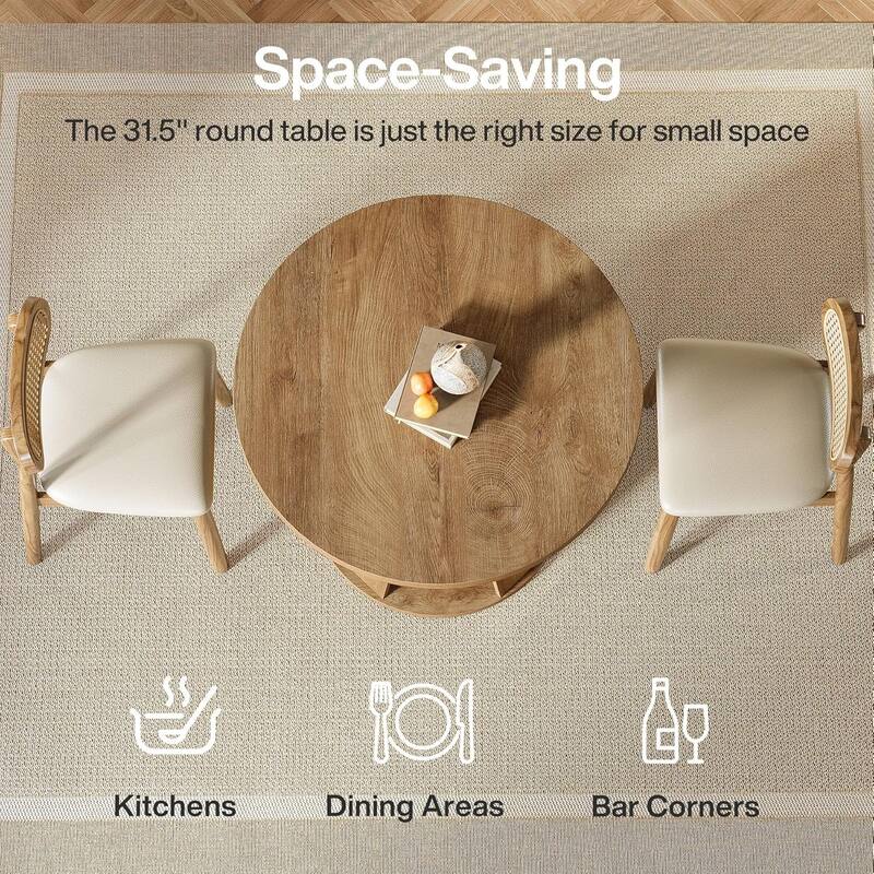 31.5" Small Round Wood Dining Kitchen Table for 2 with Storage Shelf - 31.5" W x 31.5" D x 29.5" H