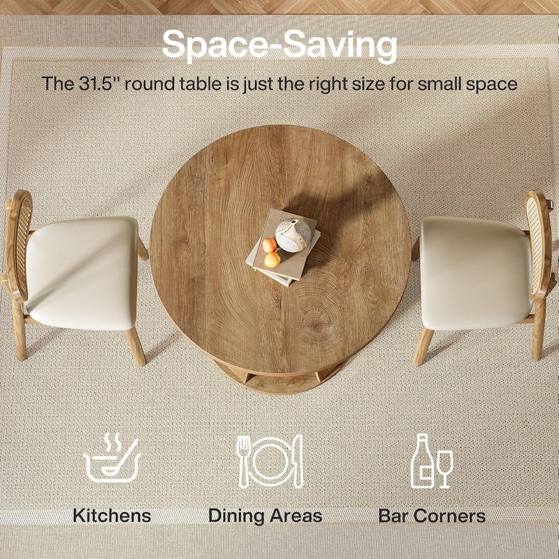 31.5" Small Round Wood Farmhouse Dining Kitchen Table with Storage Shelf - 31.5"D × 31.5"W × 29.5"H