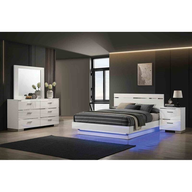 Contemporary White Finish 4 Piece Bedroom Set Bed Nightstand Dresser Mirror