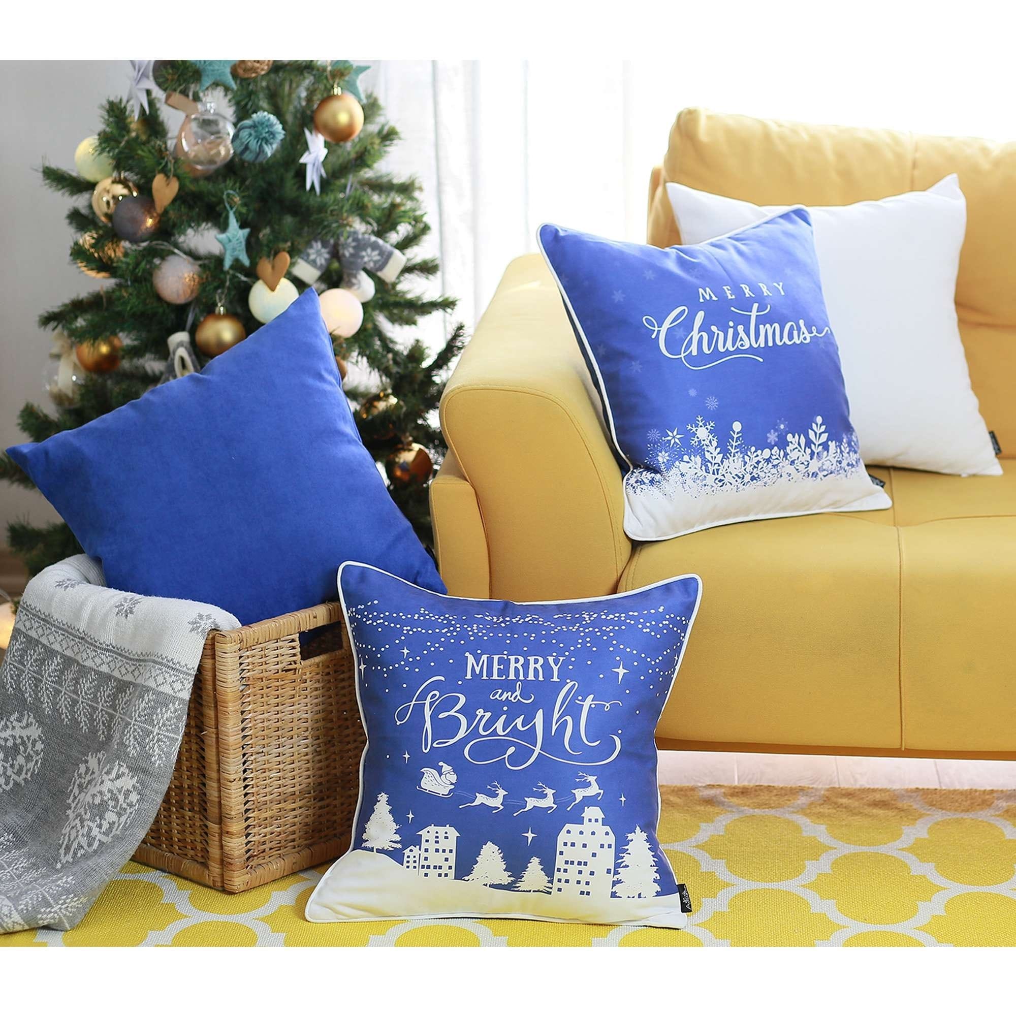 Merry Christmas Decorative Single Throw Pillow Blue White Square